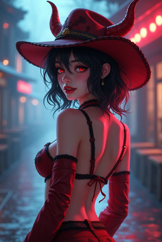masterpiece, best quality 1girl, solo, beautiful woman, bangs, black hair, very long hair, ponytail, blue eyes, deep blush, grin, large breasts, black dog collar, black playboy bunny outfit, cowboyshot, legs spread apart, looking at viewer, strip club background