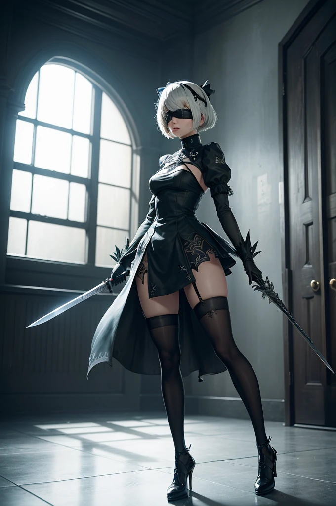 8K,Masterpiece,One woman,Combat pose,battoujutsu stance,knife,Smile,30 years old,blue eyes,White Hair,Short Bob Hair,(Gothic Lolita),Dutch beauty,Ella Freya（Ella Freya),(White panties),2b, short hair, Knee socks, gloves, Long sleeve, dress, Slender figure, Cleavage, Small breasts, Gray Hair, hair band, boots, Puffy sleeves, black Knee socks, Black footwear, Mole, black dress, High heels, leotard, Clothing cutouts, thigh boots, Cleavage cutout, black hair band, Juliet Sleeve, high heel boots,