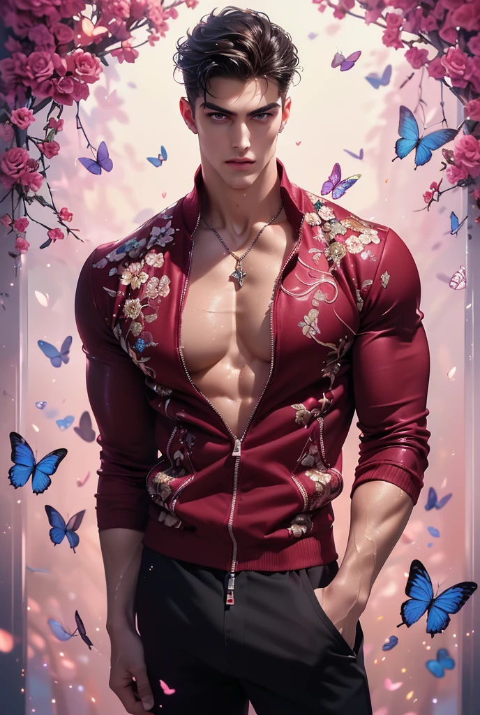  (absurdres, highres, ultra detailed, Ultra HD), ((a tall handsome muscular young man with a strong physique, solo, male model modern clothing, Full length portrait: 1.5, wearing (maroon color zip-up jumpsuit) that is unzipped revealing his chest and abs, bulge:1.2, necklace, jewellery), beautiful detailed eyes, beautiful detailed lips, extremely detailed eyes and face, smooth skin, a hot glow in his skin, perfect body, large chest, extremely large breasts, big nipples, sexy gaze, looking at the viewer romantically, sexy expression, sexy posture, short hairstyle, beautiful, gorgeous, wet, sensual, alluring, erotic, mature, verious colorful roses around him, the man is standing comfortably in the roses, butterflies on his body, butterflies flying through the air, floral, depth of field, gradient background, Sparkle & Sequin Backdrops, vibrant colours, breathtaking grandeur, model pose, colorful, artistic, focus on his calm facial features, elegant look, full body view,