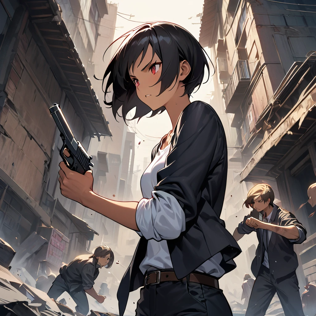 from directly below、Cute female yakuza、Shoot a handgun、Looking down on、mini skirt、tattoo、Girl、Girl、Short、Younger、Lower school year、Baby Face、flat chest、Yakuza Office、Yakuza、building、background、Dynamic Angle、masterpiece、best quality、ultra-detail、Japanese Mafia、Yakuza hideout、gang、Boss's Room、Thug's Room、Boss's Daughter、Clothing、cool、Cold eyes、Angry