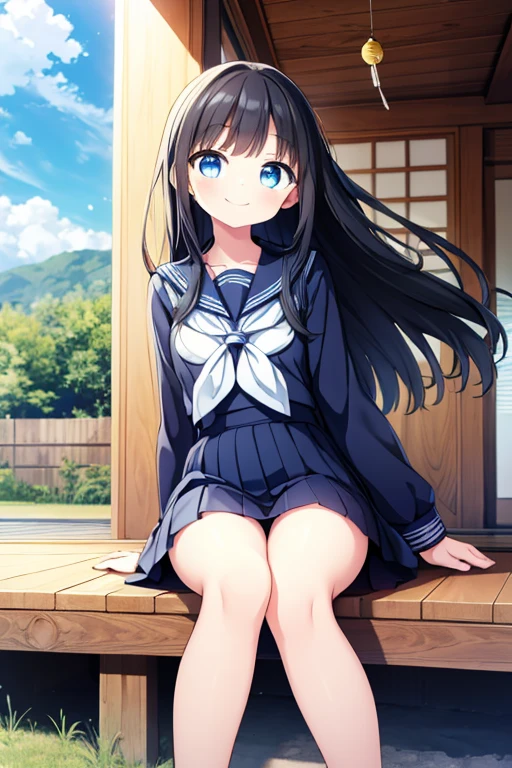 One girl, (High resolution, Anatomically correct, masterpiece, Textured skin), Long Hair, Black Hair, blue eyes, smile, summer,blue sky,Veranda,High school girl,Sailor suit,Hair blowing in the wind, wind chimes,White Clouds,((sit)),Character profile, 