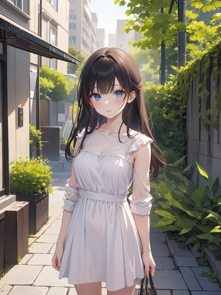 Masterpiece, 8k, Highest quality, Depth of subject, Beautiful high school girl, A gentle gaze, Relaxed atmosphere, Your smile is cute, Cat, Japanese cityscape, Back Alley, Beautiful depiction, good morning