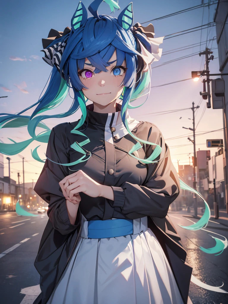 (​masterpiece、top-quality、hight resolution、Unity 8k、extremely details CG:1,Best Picture), Twin_Turbo_Umamusume, aqua hair, twintails, heterochromia, purple eyes, blue eyes, sharp teeth,  horse ears, horse girl, "From the perspective of the woman who just rejected a confession, the scene captures the heartbroken expression of a woman who can only love other women. Her face is caught in a fragile smile, tears welling up in her eyes as she tries to hold back her emotions. Her voice trembles as she says, 'Oh... right, of course' The empty street around them emphasizes the loneliness of the moment, as she stands there, utterly crushed but forcing a smile."((upper body))