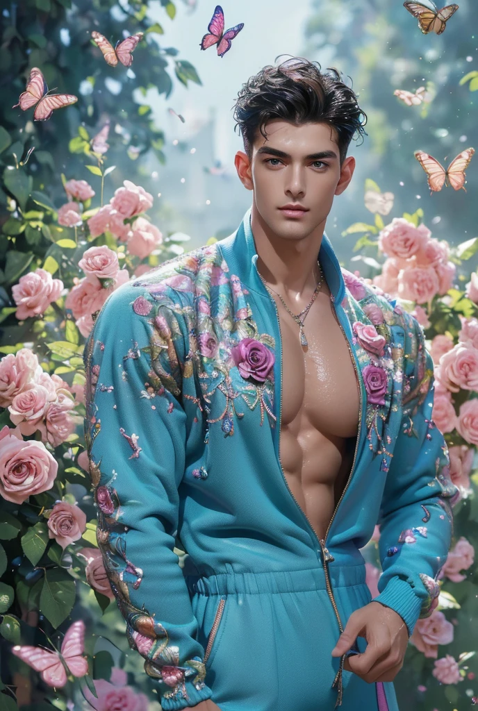  (absurdres, highres, ultra detailed, Ultra HD), ((a tall handsome muscular young man with a strong physique, solo, male model modern clothing, Full length portrait: 1.5, wearing (peacock color zip-up jumpsuit) that is unzipped revealing his chest and abs, bulge:1.2, necklace, jewellery), beautiful detailed eyes, beautiful detailed lips, extremely detailed eyes and face, smooth skin, a hot glow in his skin, perfect body, large chest, extremely large breasts, big nipples, sexy gaze, looking at the viewer romantically, sexy expression, sexy posture, short hairstyle, beautiful, gorgeous, wet, sensual, alluring, erotic, mature, verious colorful roses around him, the man is standing comfortably in the roses, butterflies on his body, butterflies flying through the air, floral, depth of field, gradient background, Sparkle & Sequin Backdrops, vibrant colours, breathtaking grandeur, model pose, colorful, artistic, focus on his calm facial features, elegant look, full body view,