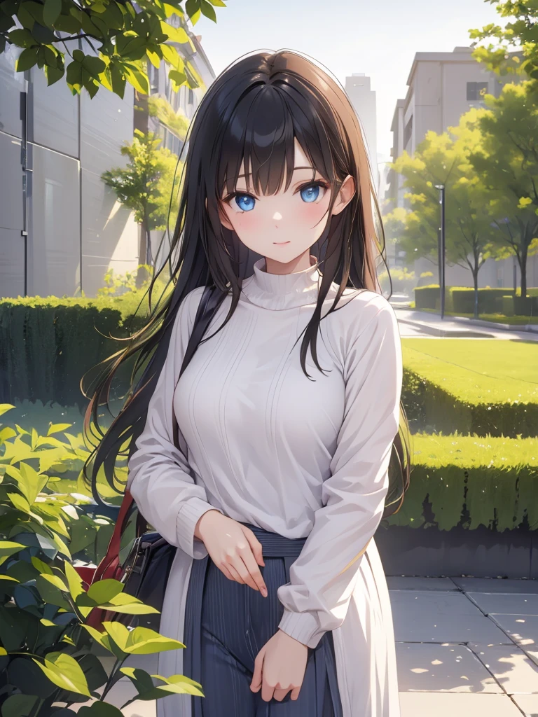 Masterpiece, 8k, Highest quality, Depth of subject, Beautiful high school girl, A gentle gaze, Relaxed atmosphere, Your smile is cute, Cat, Japanese cityscape, Back Alley, Beautiful depiction, good morning