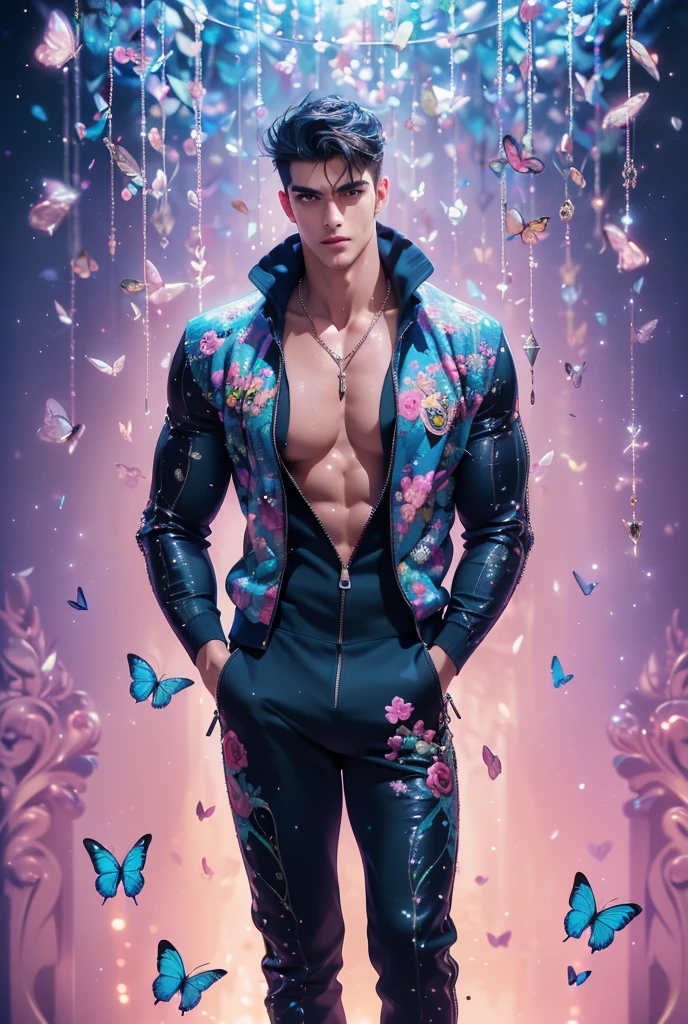  (absurdres, highres, ultra detailed, Ultra HD), ((a tall handsome muscular young man with a strong physique, solo, male model modern clothing, Full length portrait: 1.5, wearing (peacock color zip-up jumpsuit) that is unzipped revealing his chest and abs, bulge:1.2, necklace, jewellery), beautiful detailed eyes, beautiful detailed lips, extremely detailed eyes and face, smooth skin, a hot glow in his skin, perfect body, large chest, extremely large breasts, big nipples, sexy gaze, looking at the viewer romantically, sexy expression, sexy posture, short hairstyle, beautiful, gorgeous, wet, sensual, alluring, erotic, mature, verious colorful roses around him, the man is standing comfortably in the roses, butterflies on his body, butterflies flying through the air, floral, depth of field, gradient background, Sparkle & Sequin Backdrops, vibrant colours, breathtaking grandeur, model pose, colorful, artistic, focus on his calm facial features, elegant look, full body view,