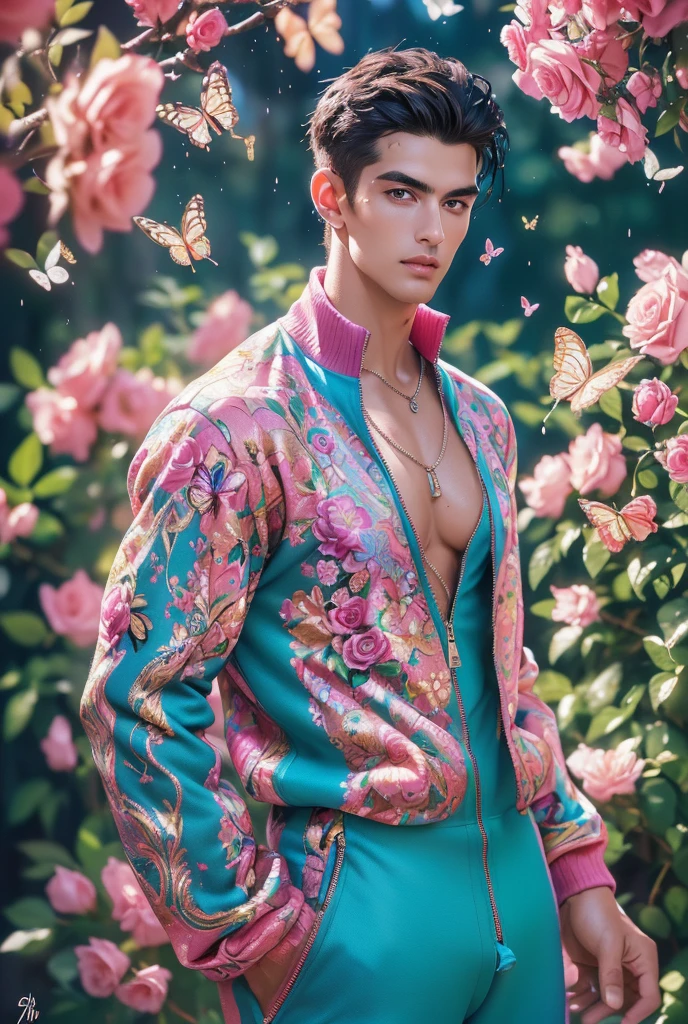  (absurdres, highres, ultra detailed, Ultra HD), ((a tall handsome muscular young man with a strong physique, solo, male model modern clothing, Full length portrait: 1.5, wearing (peacock color zip-up jumpsuit) that is unzipped revealing his chest and abs, bulge:1.2, necklace, jewellery), beautiful detailed eyes, beautiful detailed lips, extremely detailed eyes and face, smooth skin, a hot glow in his skin, perfect body, large chest, extremely large breasts, big nipples, sexy gaze, looking at the viewer romantically, sexy expression, sexy posture, short hairstyle, beautiful, gorgeous, wet, sensual, alluring, erotic, mature, verious colorful roses around him, the man is standing comfortably in the roses, butterflies on his body, butterflies flying through the air, floral, depth of field, gradient background, Sparkle & Sequin Backdrops, vibrant colours, breathtaking grandeur, model pose, colorful, artistic, focus on his calm facial features, elegant look, full body view,