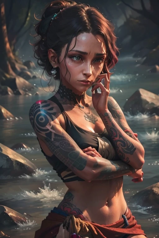 arafed woman with tattoos on her arms and arms resting on a rock, detailed woman, photo of a hand jewellery model, tattoos all over the skin, by Zack Stella, extremely detailed woman, inked, fine art piece, ink on skin, fully tattooed body, tattoos and piercings, with tattoos, beautiful artwork, by Daniel Lieske, body covered in floral tattoos