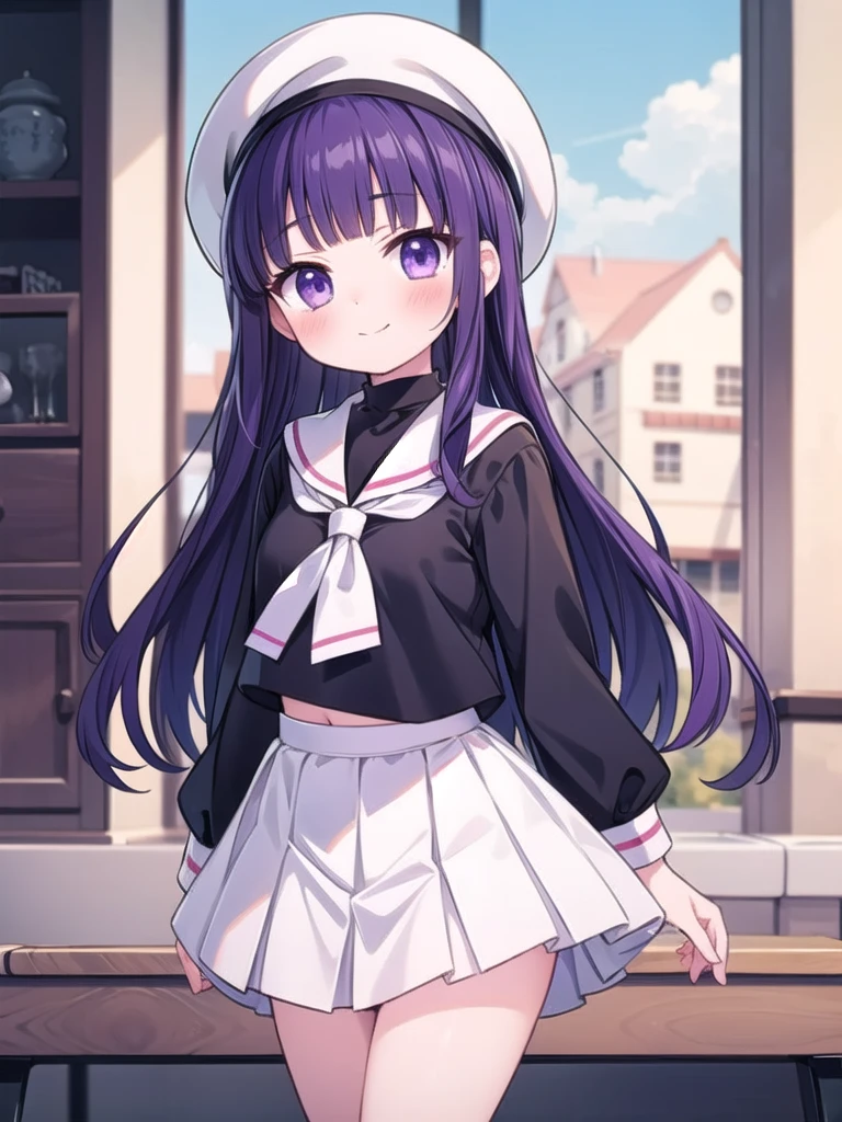 1girl, masterpiece, best quality, perfect hands, smile, blush, closed mouth, tomoyo, dark purple hair, very long hair, purple eyes, school uniform, white sailor collar, ((black shirt)), long sleeves, white skirt, pleated skirt, white hat, beret, cowboy shot, bare legs, blunt bangs, straight hair