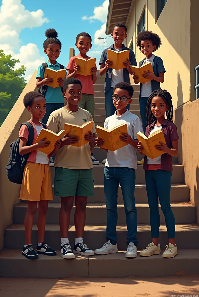 2 black boys and one girl looking at the camera with books on their hands