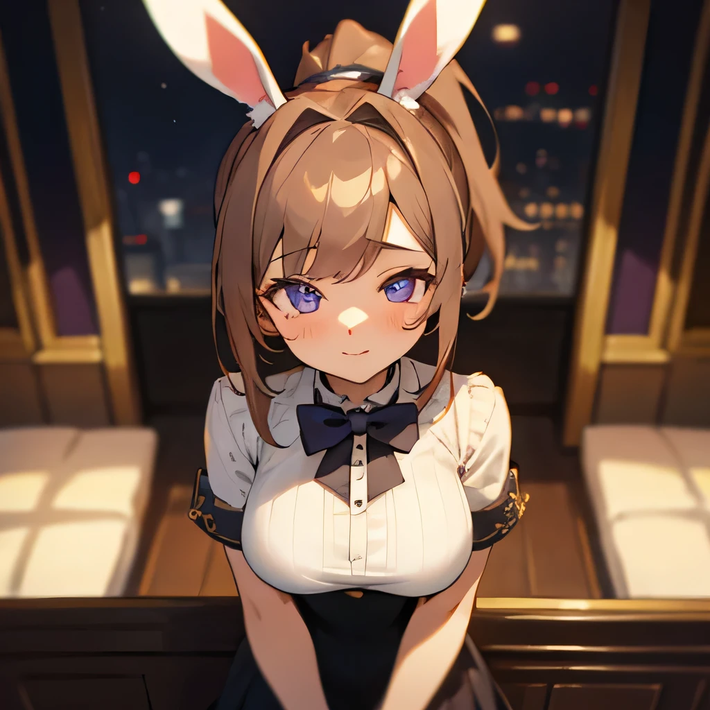 ((masterpiece, Highest quality, High resolution, 超High resolution, Pixel perfect, Written boundary depth, 4K, RTTX 10.0, High resolution))), 1 person, single, alone, Beautiful Anime, Beautiful art style, Anime characters, ((Shortcuts, bangs, Dark brown hair)), ((Green Eyes:1.4, Round eyes, Beautiful eyelashes, current eyes)), ((Smooth texture:0.75, Anime CG style)), ((Dynamic Angle, close)), Perfect body, (cute), Normal chest, whole body, ((4K, 8k, Highest quality, Perfect Fingers: 1.3, Perfect Anatomy: 1.3, Background Blur)), whole bodyアングル, Bunny girl illustration, The character is wearing a charming bunny girl outfit.。, The costume is a black leotard with a rabbit ear headband.、White cuffs and collar、And it is characterized by a small tail.。, She strikes a confident pose、She has a slightly provocative smile。, The background exudes a chic and stylish atmosphere, reminiscent of a club or lounge.、The scene gives an overall impression of being glamorous and sophisticated.。