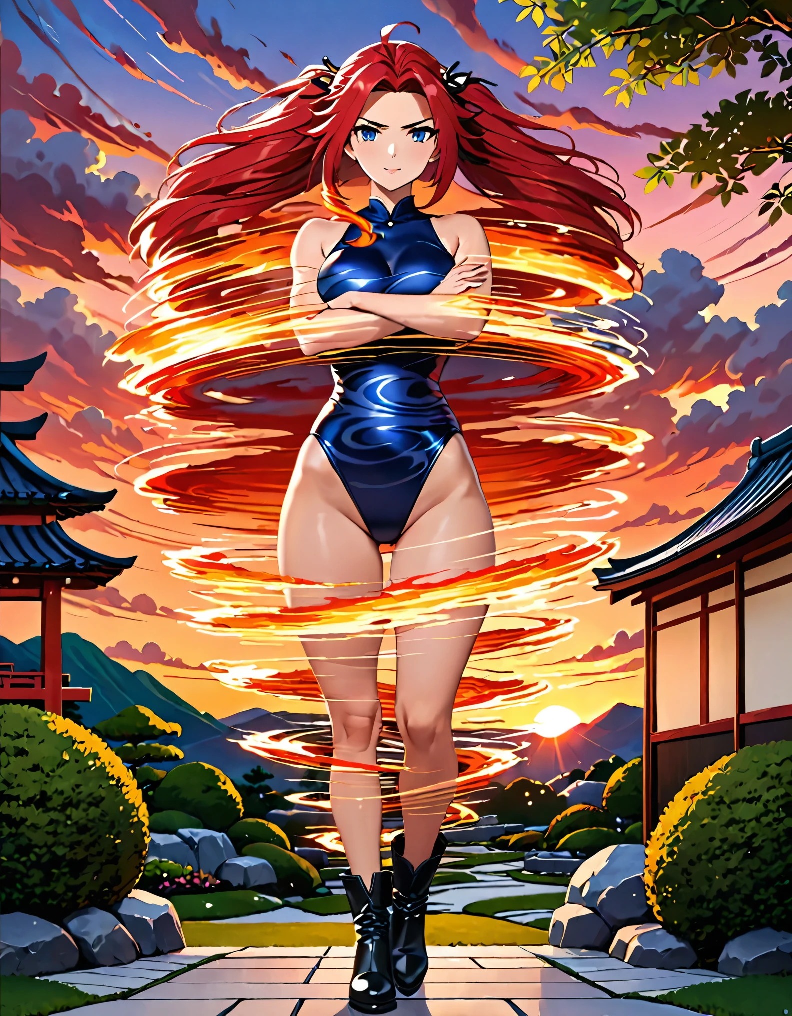 (masterpiece), (best quality), (high res), highly detailed, professional, 1woman, solo, solo focus, adult, cute and attractive woman, kunoichi, leotard, bare legs, ankle boots, red hair, dark blue eyes, Japanese Garden backdrop, sunset, cowboy shot, full body with costume. crossed arms, spins fast in place like a tornado, flame tornado, spiral lines around her, speed lines around her.