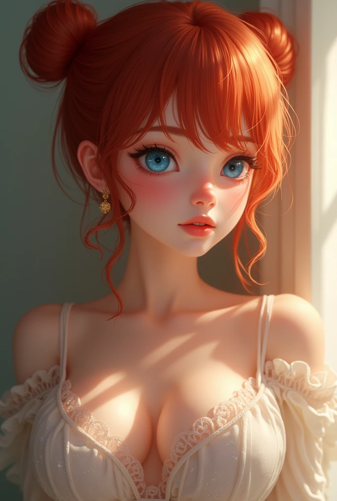 beautiful girl with short red hair, detailed green eyes, freckles, barefoot, wearing white lingerie on a wooden room, her skin is incredibly detailed with skin pores all over her body