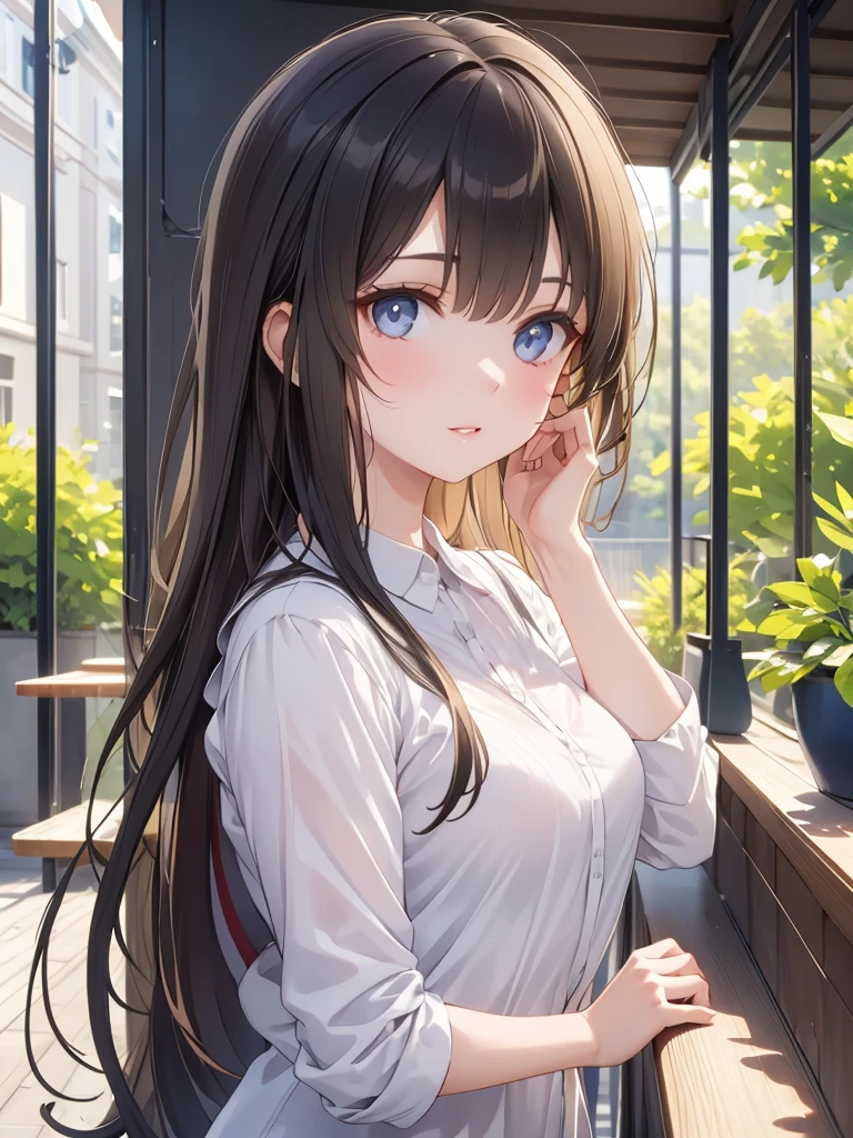 Masterpiece, 8k, Highest quality, Depth of subject, Beautiful high school girl, A gentle gaze, Relaxed atmosphere, Your smile is cute, Cat, Japanese cityscape, Back Alley, Beautiful depiction, good morning