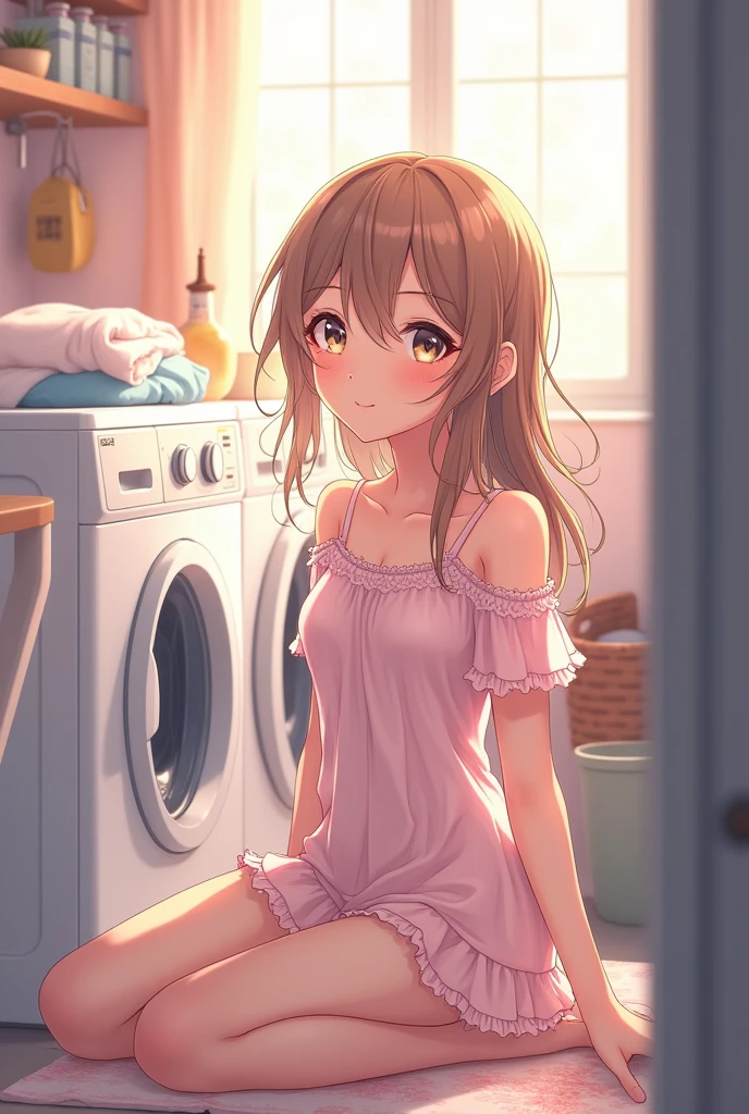 a beautiful asian woman posing naked in front of some laundry machines, 1girl, nipples, solo, breasts, brown hair, looking at viewer, navel, sitting, washing machine, realistic, nude, long hair, medium breasts, grin, ((kiddie, JC,littlegirl,kodomo))