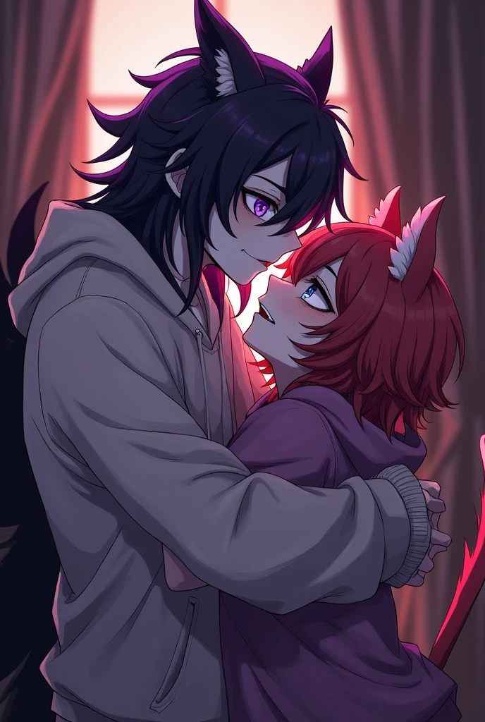 ((fox)), ((2 male)), feminine body, (duo), fluffy hair, ((hair over eyes), long hair, curly hair, ((fluffy body)), fox tail, ((devil wings)), ((devil horns)), smug, nude, spike collar, up close, dark grey atmosphere, ((blowjob)), ((mouth penetration)), (canine penis), (knot), balls, cum, ((cave)), up close, Very good figure, cinematic lighting, volume lighting, masterpiece, super detail, high quality, best quality, highres, 16k