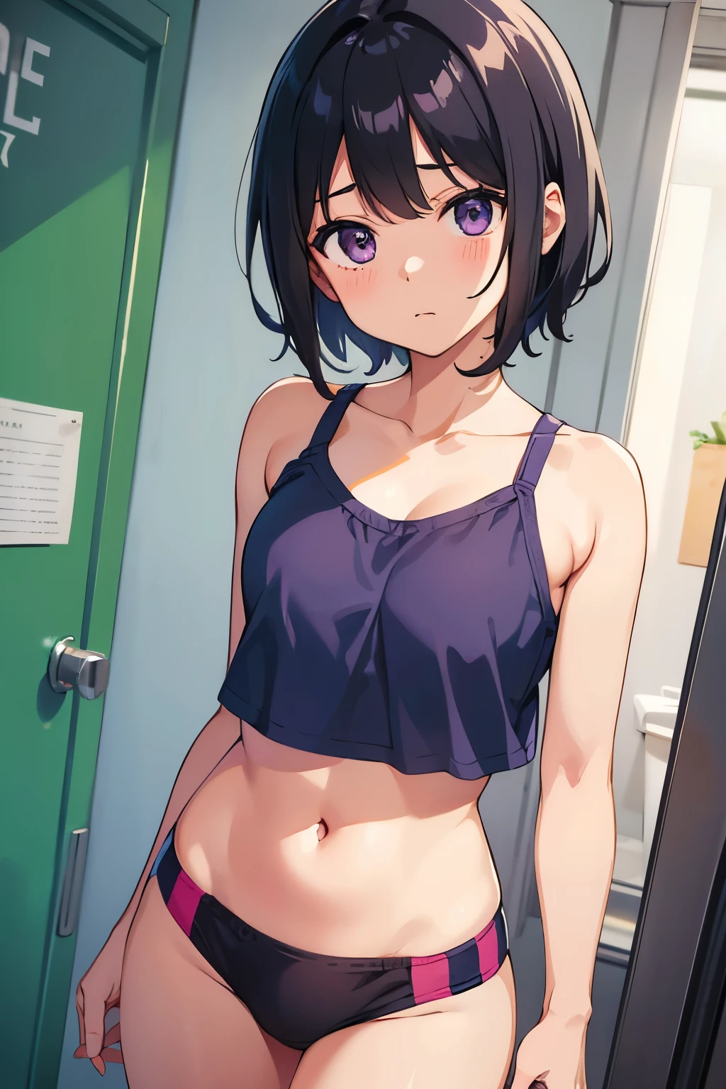 NSFW ４ｋquality, top-quality, Short_hair, Ultra-small_Breast,）in changing room, changing clothes, at a clothing store, trying on a bra, blue and white bra, pink and white bra, Striped bra、Cute bra、Kids Bra、training bra, first bra, Sports bra, colorful clothes, colorful bra, flat chest, half stripped, grabbing, squeezing, kid, nudist room