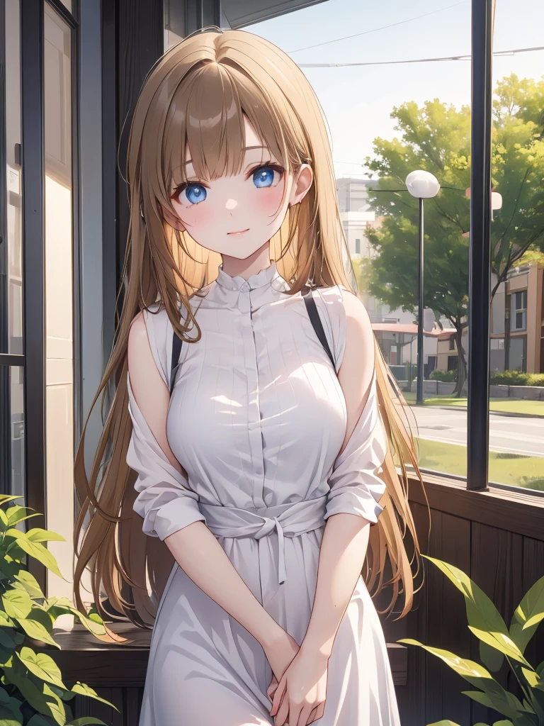 Masterpiece, 8k, Highest quality, Depth of subject, Beautiful high school girl, A gentle gaze, Relaxed atmosphere, Your smile is cute, Cat, Japanese cityscape, Back Alley, Beautiful, detailed depiction, Soft sunlight, good morning