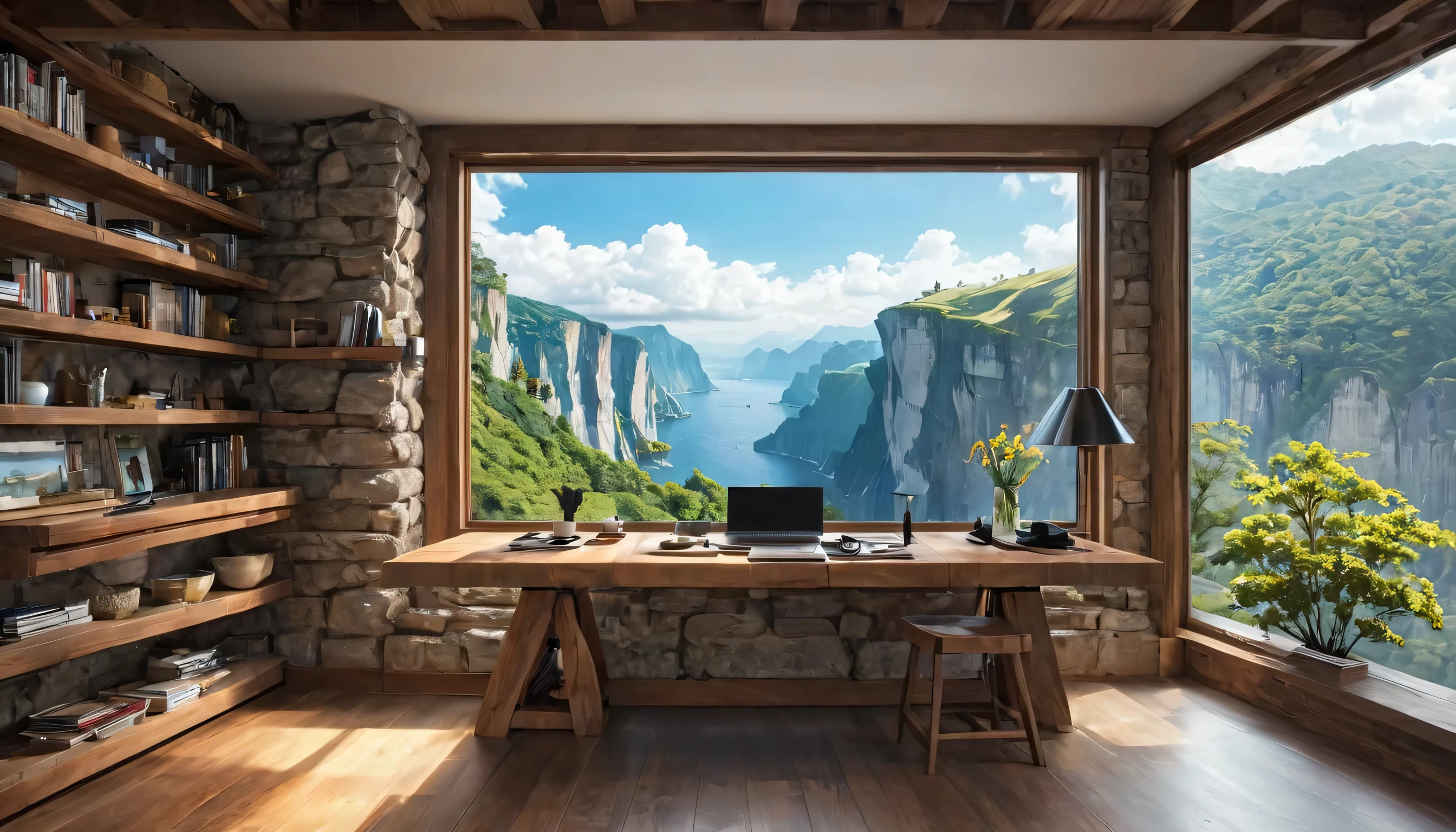 Ultra-luxury accommodation、Large windows、Classic furniture(table,shelf), Wall-mounted TV、(ultra-Detailed Background, Detailed Background), Absurd, High resolution, Super detailed, Very detailed,Outside the window is a cliff view、Like the real thing、8k