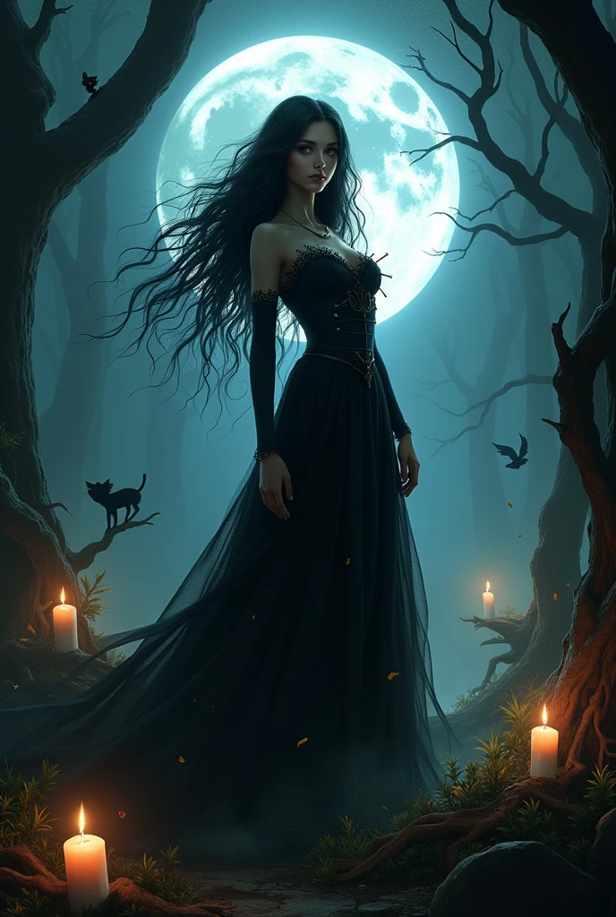 a woman with long black hair, pale skin, in the cemetery, smoking a cigarette, wearing a long black and purple dress, black cats around, candles burning, on a full moon night, witch