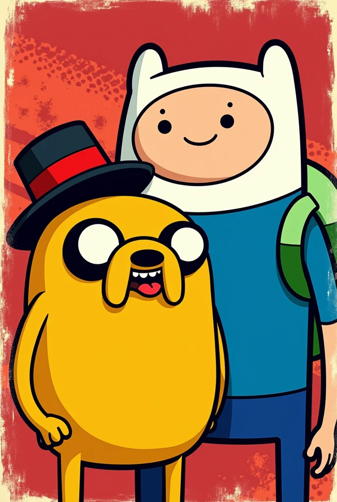 Create a pop art piece of Jake and Finn from Adventure Time by focusing on their iconic features. Use bold, vibrant colors and thick black outlines to emphasize their distinctive shapes—Jake's round body and Finn's hat and blue shirt. Incorporate classic pop art patterns like halftone dots or stripes to add texture. Include playful text or comic-style elements to enhance the visual impact. Adjust the contrast and saturation to make the colors pop, ensuring the final artwork is eye-catching and dynamic.