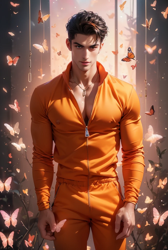  (absurdres, highres, ultra detailed, Ultra HD), ((a tall handsome muscular young man with a strong physique, solo, male model modern clothing, Full length portrait: 1.5, wearing (orange color zip-up jumpsuit) that is unzipped revealing his chest and abs, bulge:1.2, necklace, jewellery), beautiful detailed eyes, beautiful detailed lips, extremely detailed eyes and face, smooth skin, a hot glow in his skin, perfect body, large chest, extremely large breasts, big nipples, sexy gaze, looking at the viewer romantically, sexy expression, sexy posture, short hairstyle, beautiful, gorgeous, wet, sensual, alluring, erotic, mature, verious colorful roses around him, the man is standing comfortably in the roses, butterflies on his body, butterflies flying through the air, floral, depth of field, gradient background, Sparkle & Sequin Backdrops, vibrant colours, breathtaking grandeur, model pose, colorful, artistic, focus on his calm facial features, elegant look, full body view,