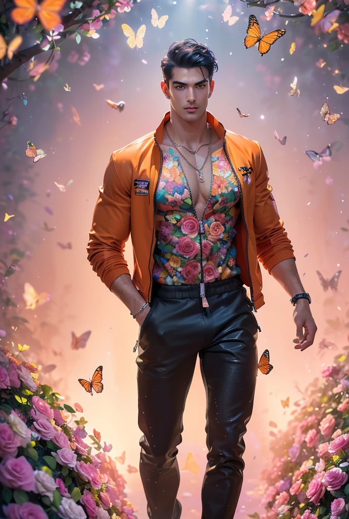  (absurdres, highres, ultra detailed, Ultra HD), ((a tall handsome muscular young man with a strong physique, solo, male model modern clothing, Full length portrait: 1.5, wearing (orange color zip-up jumpsuit) that is unzipped revealing his chest and abs, bulge:1.2, necklace, jewellery), beautiful detailed eyes, beautiful detailed lips, extremely detailed eyes and face, smooth skin, a hot glow in his skin, perfect body, large chest, extremely large breasts, big nipples, sexy gaze, looking at the viewer romantically, sexy expression, sexy posture, short hairstyle, beautiful, gorgeous, wet, sensual, alluring, erotic, mature, verious colorful roses around him, the man is standing comfortably in the roses, butterflies on his body, butterflies flying through the air, floral, depth of field, gradient background, Sparkle & Sequin Backdrops, vibrant colours, breathtaking grandeur, model pose, colorful, artistic, focus on his calm facial features, elegant look, full body view,