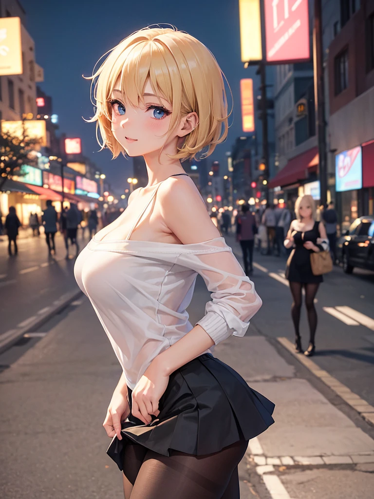 1girl, medium breast, normal waist, dark golden blonde hair glamour, (green detailed eyes), beautiful face, wearing necklace, waist up, in crowded New York Street, night, deep shadow, dark theme, fancy white dress, gorgeous hair, looking at camera, close up, from waist, (best quality, high quality:1.2), (masterpiece:1.1), (detailed), anime, 8k, hdr, cinematic lighting, cinematic bloom, sharp focus, lens flare, ray tracing, reflections, sharp focus