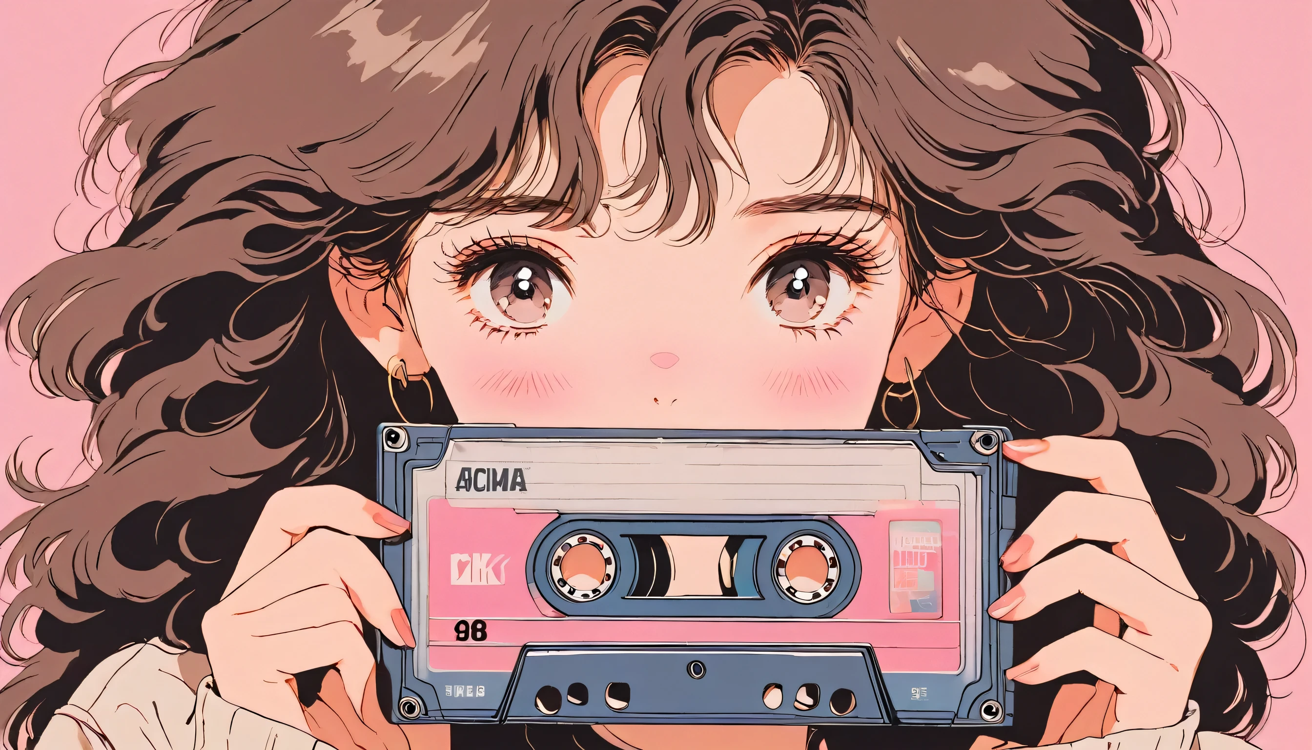 90’s anime style, 1990s style, clear, 1980s style, (blush:1.7), the highest quality, 8k, 1 woman, Only, lofi girl, lofi art, lofi feeling, looking at the viewer, very big eyes, wearing 1980s clothes, upper shot, close up, smiling, light brown eyes, skin white as snow, sparkling eyes, brown hair, wavy hair, anime girl holding cassette tape with her hand, the main focus is on the girl and the cassette tape, solid pink background with no other elements