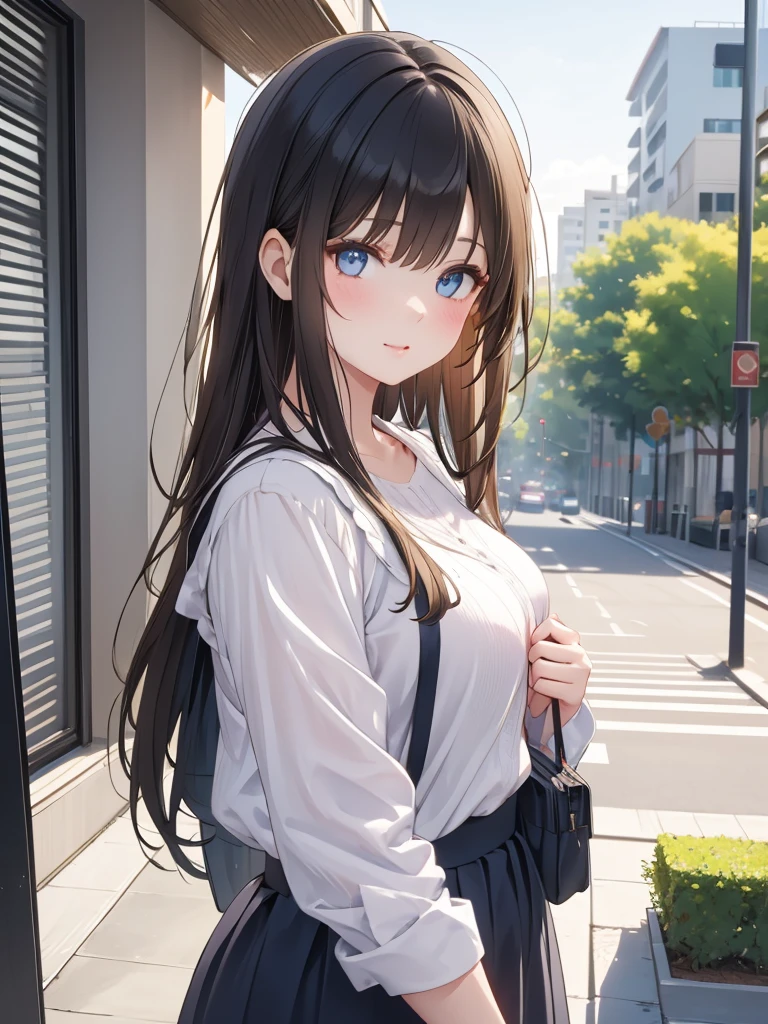 Masterpiece, 8k, Highest quality, Depth of subject, Beautiful high school girl, A gentle gaze, Relaxed atmosphere, Your smile is cute, Cat, Japanese cityscape, Back Alley, stroll, Beautiful, detailed depiction, Soft sunlight, good morning