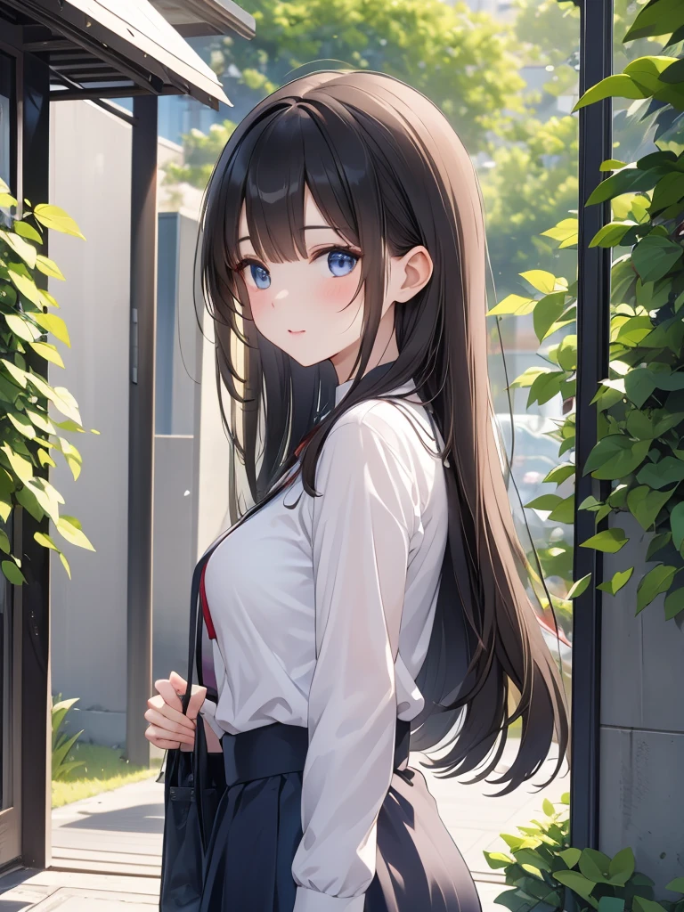 Masterpiece, 8k, Highest quality, Depth of subject, Beautiful high school girl, A gentle gaze, Relaxed atmosphere, Your smile is cute, Cat, Japanese cityscape, Back Alley, stroll, Beautiful, detailed depiction, Soft sunlight, good morning