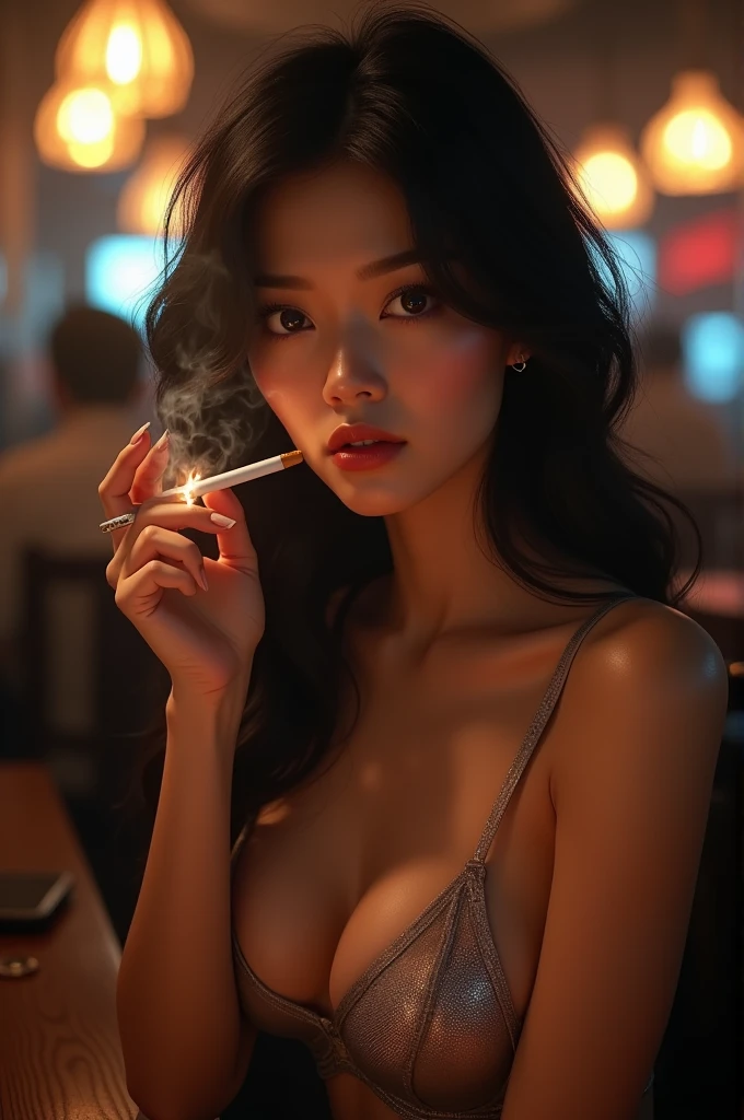 Realistic style，A sexy beauty with a cigarette in her hand，Eyes look at the audience，smog，Noisy environment of the bar，high qulity，masterpaintings，Cinematic light，8K