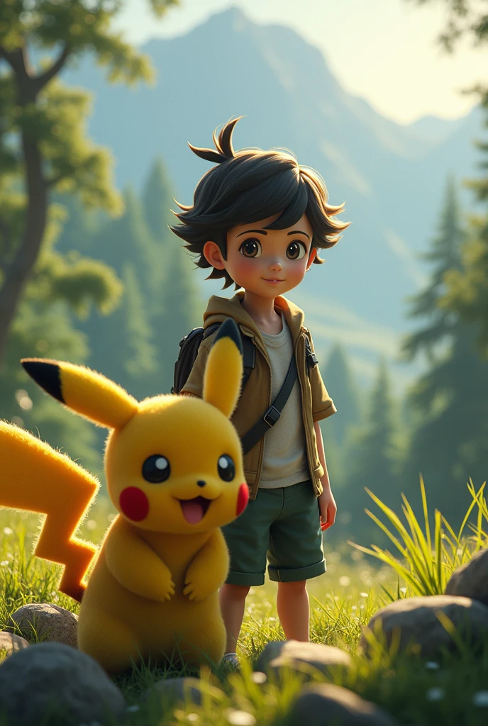 Pokémon trainer, Pokémon in the wild, illustration Pokémon, arte principal, arte promocional, cinza ketchum, Pokémon, Pokémon cap, arte oficial, um hiper realista, renderização hiper-realista de aventura, new Pokémon, arte oficialwork, enevoado, japão, Admirador de arte, Pokémon inspired,