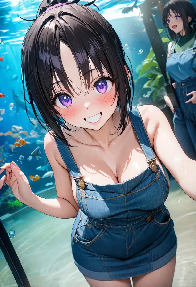 ((masterpiece,Best Quality,8k,Ultra-high resolution)),  1 person　、Adult women in their 20s　,  Momo Juvenile Deviluke,                                     View your viewers　、　Embarrassing      、　Smiling Black Hair　,   Short Hair　　、　(Part your bangs in the center) 　、　ponytail　、　　　　Light purple eyes   　     　、                           The body is slim,   Big Breasts　　、　Overalls　、　skirt　、　Excited　、　aquarium