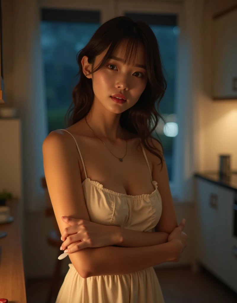 

medium long shot: a 20yo thaiwanese woman , slightly overweight , wear soft v neck blue night gown, off shoulder, gray French twist hairstyle ,looking to viewer with a little cute angry face, pouting lips, both hand on the hips,