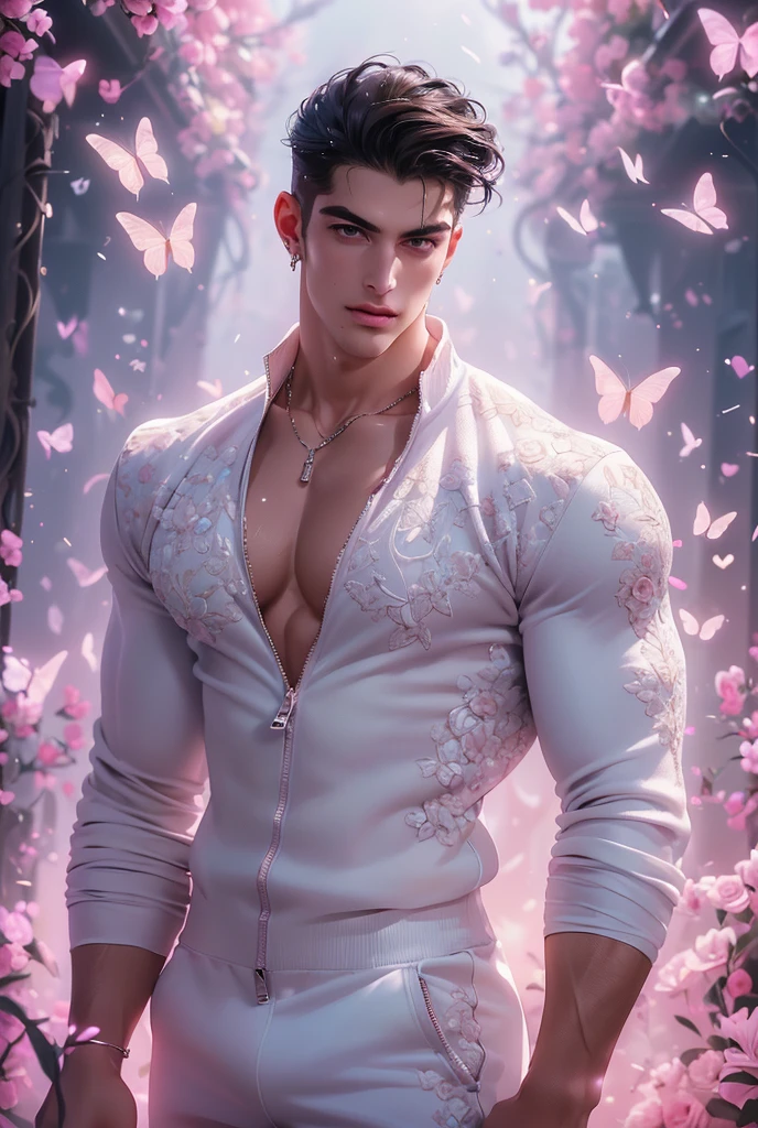  (absurdres, highres, ultra detailed, Ultra HD), ((a tall handsome muscular young man with a strong physique, solo, male model modern clothing, Full length portrait: 1.5, wearing (white color zip-up jumpsuit) that is unzipped revealing his chest and abs, bulge:1.2, necklace, jewellery), beautiful detailed eyes, beautiful detailed lips, extremely detailed eyes and face, smooth skin, a hot glow in his skin, perfect body, large chest, extremely large breasts, big nipples, sexy gaze, looking at the viewer romantically, sexy expression, sexy posture, short hairstyle, beautiful, gorgeous, wet, sensual, alluring, erotic, mature, verious colorful roses around him, the man is standing comfortably in the roses, butterflies on his body, butterflies flying through the air, floral, depth of field, gradient background, Sparkle & Sequin Backdrops, vibrant colours, breathtaking grandeur, model pose, colorful, artistic, focus on his calm facial features, elegant look, full body view,