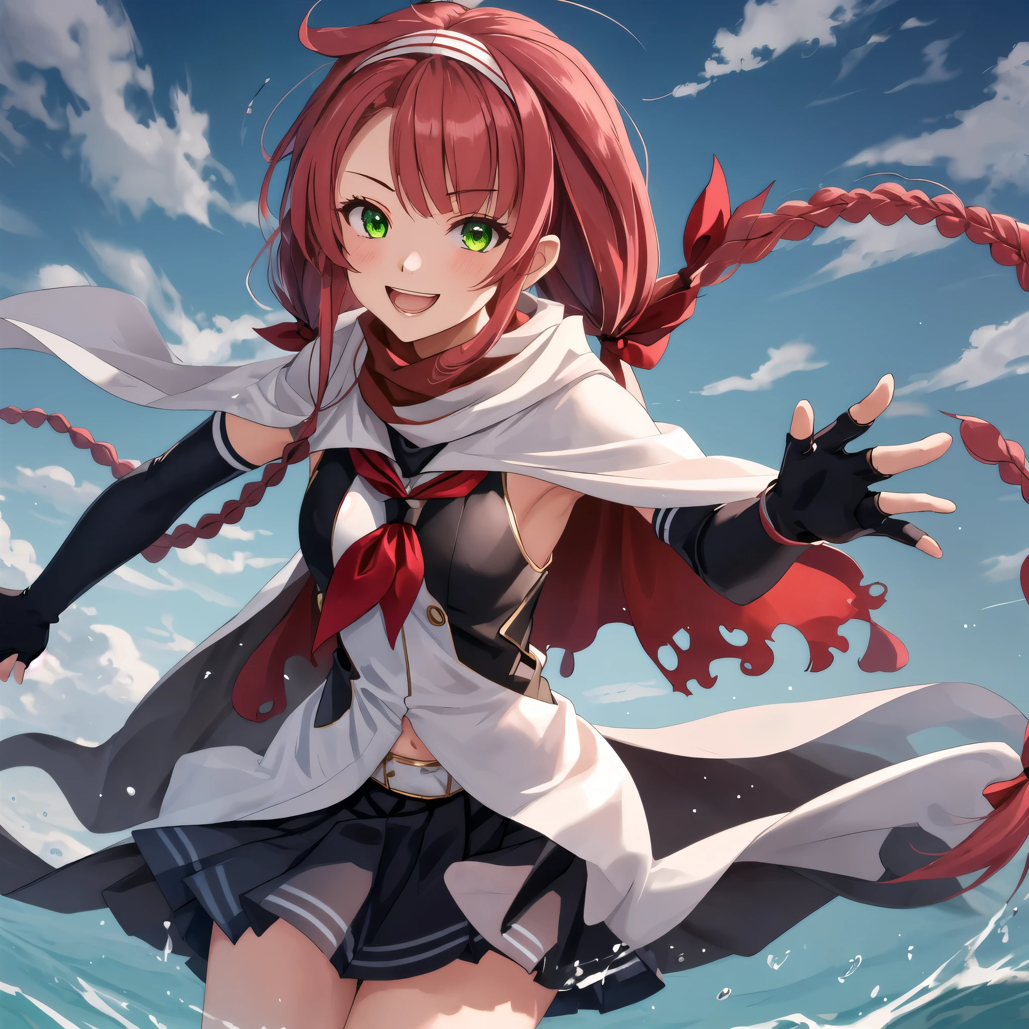 Best Quality, masterpiece, High resolution, 一人in, {Kawakaze_Fleet Collection:1.15}, length_hair, red_hair, Ribbon, hairband, hair_Ribbon, 前hair, Ahoghe, twintails, Side Lock, low_twintails, Asymmetrical_前hair, very_length_hair, smile, green_eye, Sailor suit, Sleeveless, hair_flap, 1 girl, black_gloves, Braiding, Cape, elbow_gloves, fingerless_gloves, gloves, looking for_in_Viewers, scarf, School_Uniform, twin_Braidings, yellow_eye, neckerchief, skirt, Torpedo, mechanical, open_mouth, pleined_skirt