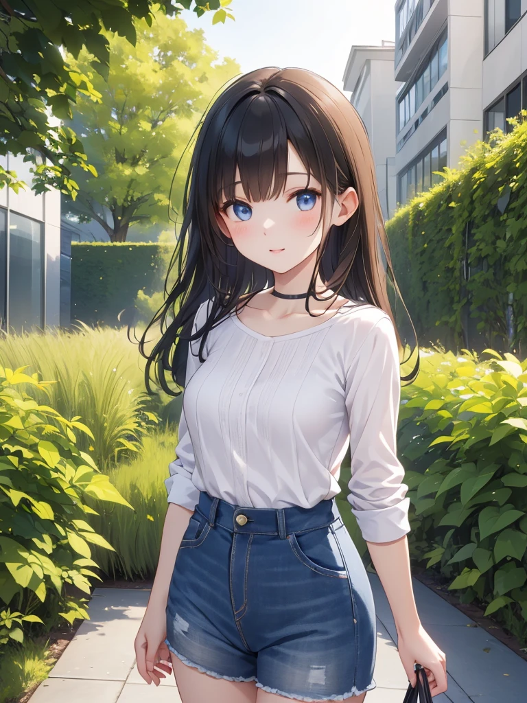 Masterpiece, 8k, Highest quality, Depth of subject, Beautiful high school girl, A gentle gaze, Relaxed atmosphere, Your smile is cute, Cat, Japanese cityscape, Back Alley, stroll, Beautiful, detailed depiction, Soft sunlight, good morning