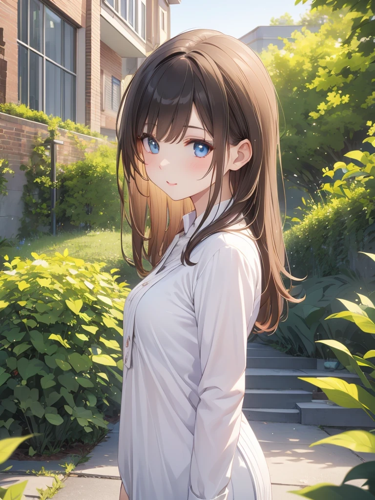 Masterpiece, 8k, Highest quality, Depth of subject, Beautiful high school girl, A gentle gaze, Relaxed atmosphere, Your smile is cute, Cat, Japanese cityscape, Back Alley, stroll, Beautiful, detailed depiction, Soft sunlight, good morning