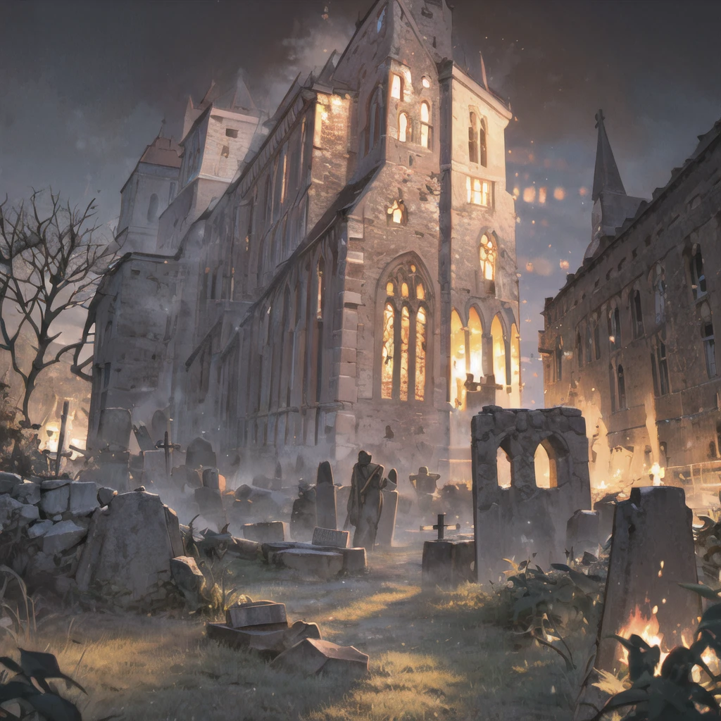 ((masterpiece)), (Best Quality), Official Art, Highly detailed CG, unity 8k wallpaper, Super detailed, High image quality, Detailed Background,
EdobchurchCemetery不気味な夜, church, burning church, inflammation, Cemetery, Black Sky, In the Dark, ,  