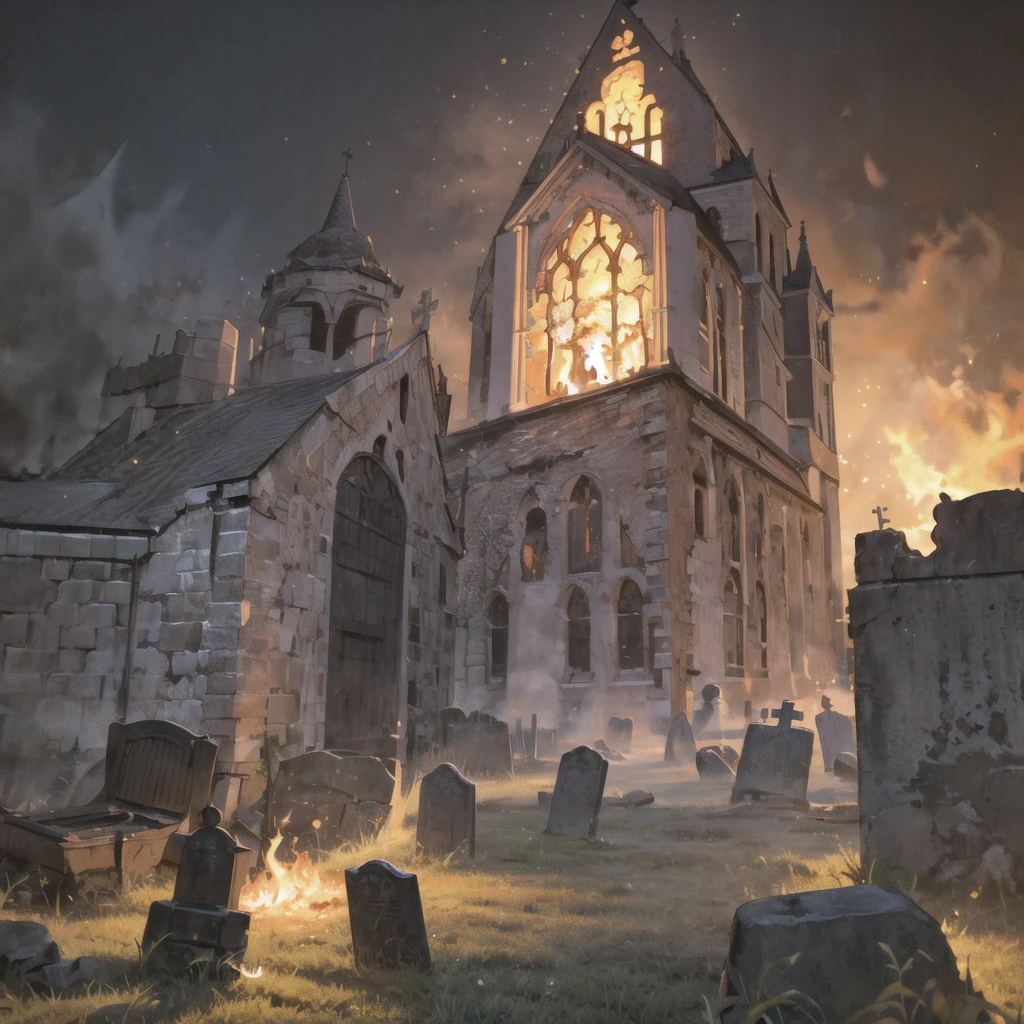 ((masterpiece)), (Best Quality), Official Art, Highly detailed CG, unity 8k wallpaper, Super detailed, High image quality, Detailed Background,
EdobchurchCemetery不気味な夜, church, burning church, inflammation, Cemetery, Black Sky, In the Dark, ,  