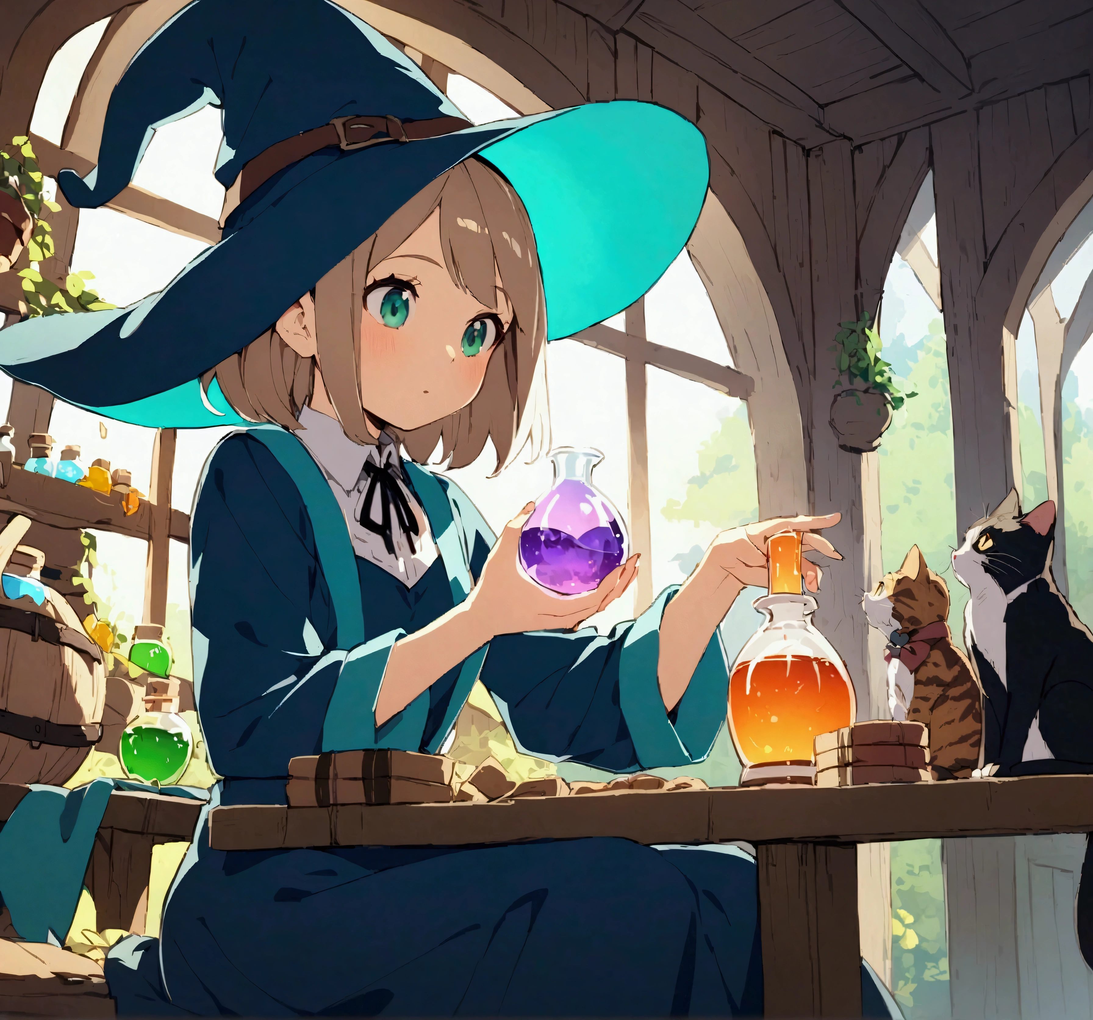 Anime girl in witch hat、Sitting at a table with a cat, Alchemist Girl, Frivolous anime witch casting a spell, Put a spell on the potion, She is making potions, Witch Academia, Make potions in the witch's hut, Young female wizard, Witch Girl, Making medicine, At the potion shop, Magic Potion, fantasy alchemist laboratory