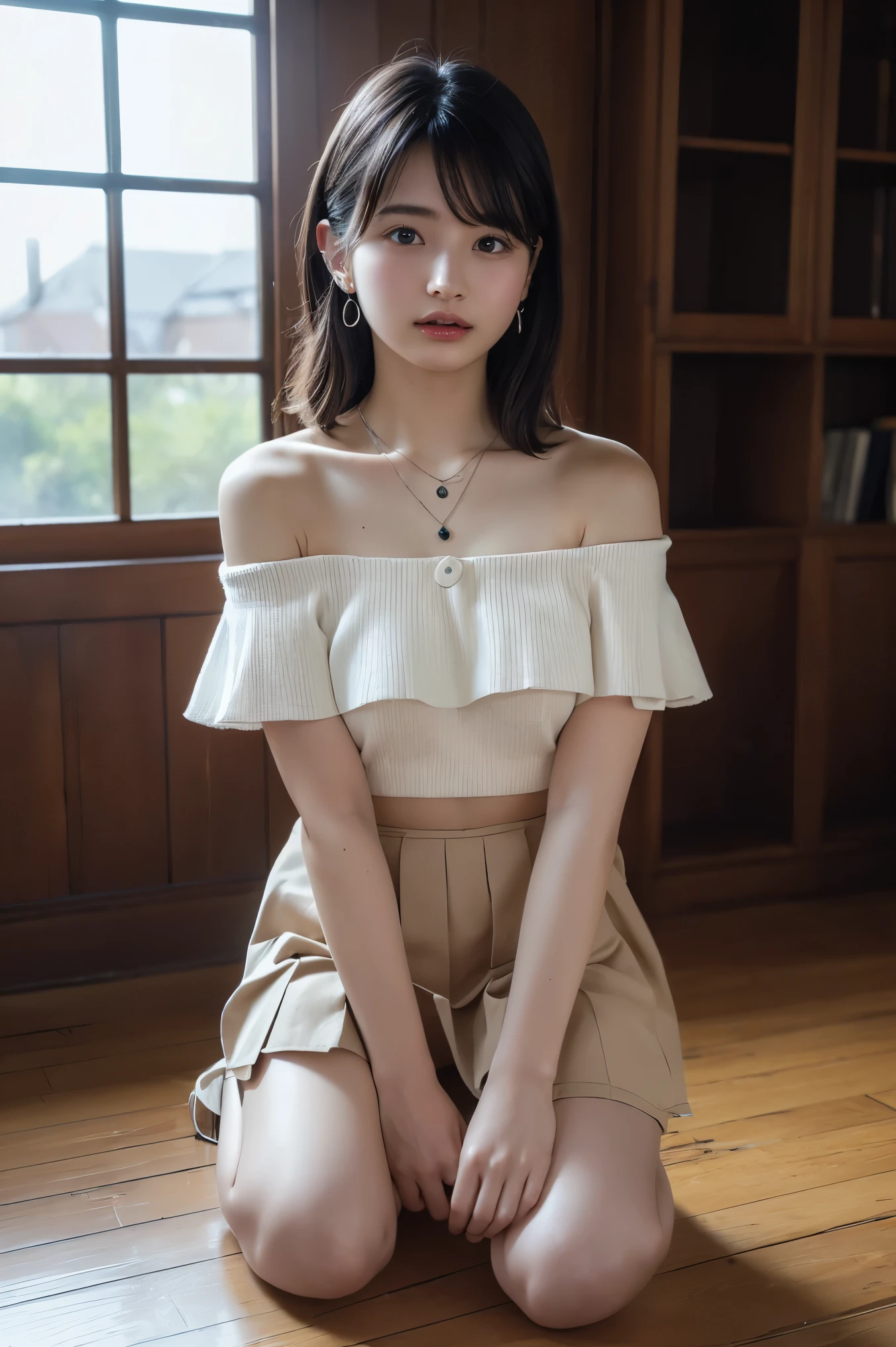 absurdres, RAW photo, extremely delicate and beautiful, masterpiece, Best Quality, ultra high resolution, 32k, hyperrealistic, ultra-detailed, detailed description, pale skin, 20 years old, detailed beautiful face and eyes, tearful mole, earring, Colossal tits, short medium hair, wavy hair, full body shot, alone, steampunk fashion, waistcoat, blouse, hat, boots, short skirt, bare shoulder,
