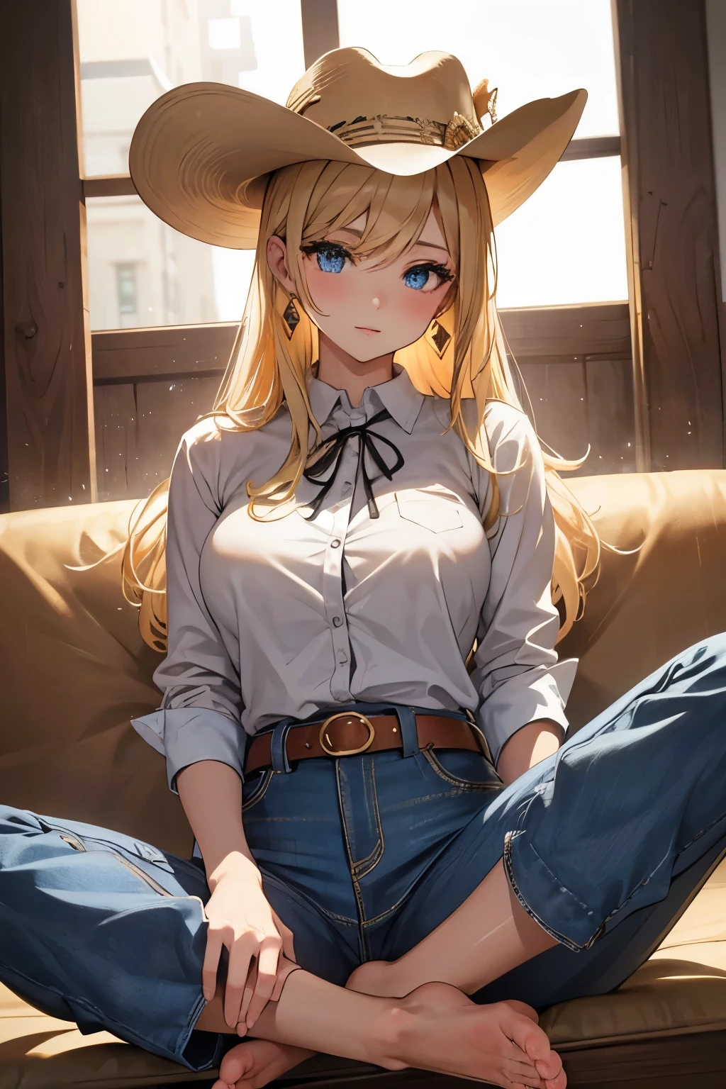 Anime Kawaii sexy Perfect Slim sensual body large breast and huge thighs, An intricate and highly detailed illustration of anime (Young girl) Maximum quality、Superior image quality、Masterpiece artwork、girl with((cute、18-years old、Better bust、medium bust、Bust 85,gorgeous blue eyes、wide open breasts,long blonde hair、A slender、Middle node、black tee,blue jeans、Enrole o cinto、serious face,cowboy hat、Cowboy Oeste)）high qualiy、linda arte、Background with((Western World、desert sands)),tabletop、Elaborate Design、visual artwork、depth of fields、The best lighting、More Detailed、8ｋ,super delicate、A little away