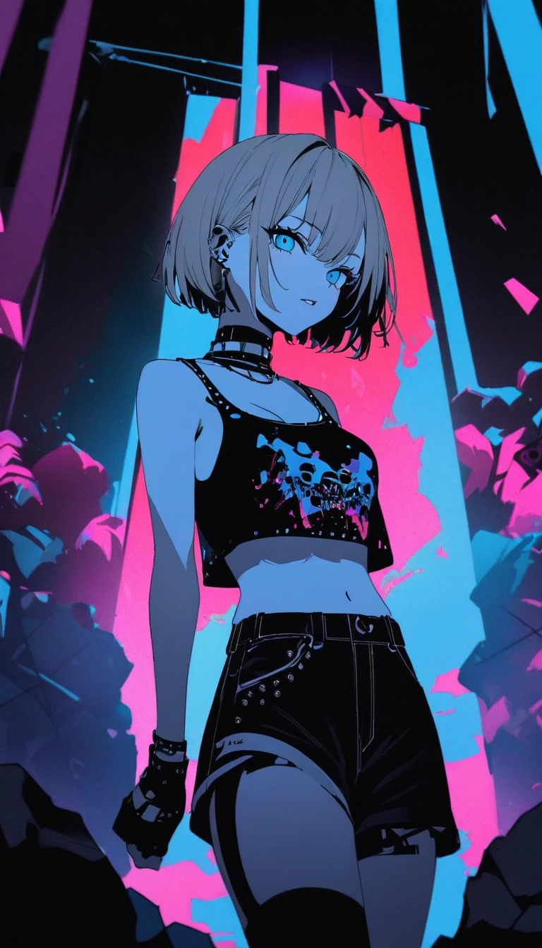 (high quality, 8k, 4K, High Contrast, masterpiece:1.2, high quality, Best aesthetics), (Dynamic Angle), girl、slim, stage、performance、Rock Music、Bright colors、Beautiful fine details、Beautiful lip detail、
BREAK grey hair, blue eyes, short haircut, punk rock girl, red_eyeshadows, highlights hair: 1.3, medium breast,
 cyber punk, Flat Color, Colorful art, tank top, shorts, crop top navel, Looking at the audience, Colored Background, High Contrast, Contrasting colors, Cowboy Shot,
