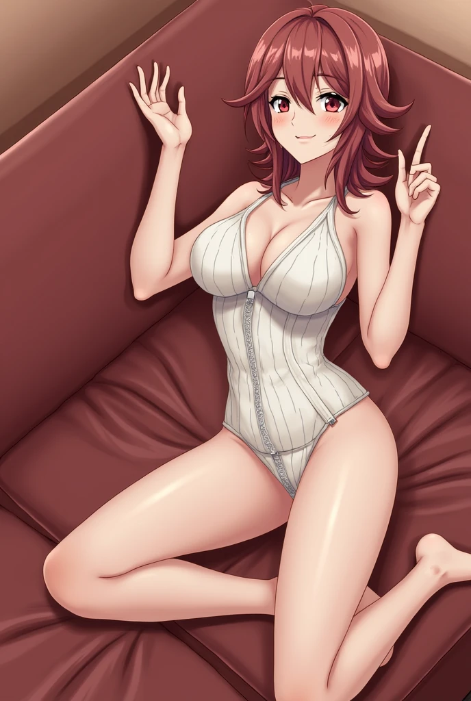 1 girl, solo, big breasts, big ass, thin waist,Thick frogs, in a black bikini, Low black skirt, Red hair, stockings, collar around the neck, black elbow-length gloves, holding a pack of condoms, seductive look.Lying on the bed looking at the screen.1