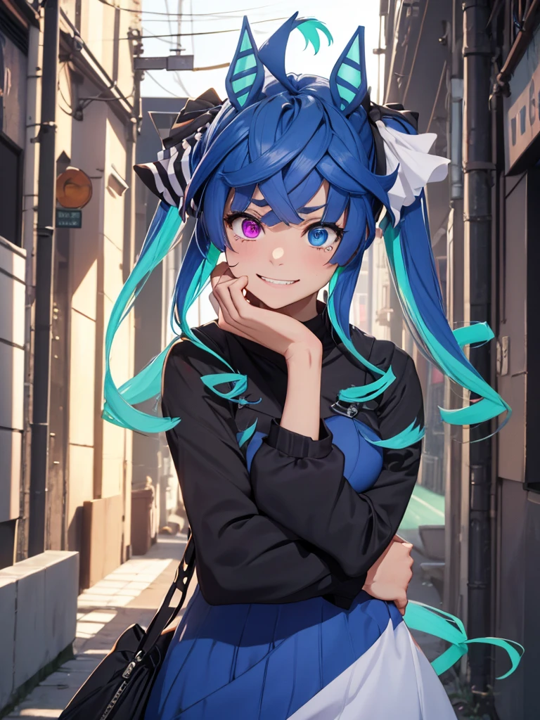 (​masterpiece、top-quality、hight resolution、Unity 8k、extremely details CG:1,Best Picture), Twin_Turbo_Umamusume, aqua hair, twintails, heterochromia, purple eyes, blue eyes, sharp teeth,  horse ears, horse girl, "From the perspective of the woman who just rejected a confession, the scene captures the heartbroken expression of a woman who can only love other women. Her face is caught in a fragile smile, tears welling up in her eyes as she tries to hold back her emotions. Her voice trembles as she says, 'Oh... right, of course' The empty street around them emphasizes the loneliness of the moment, as she stands there, utterly crushed but forcing a smile."((upper body, office lady))