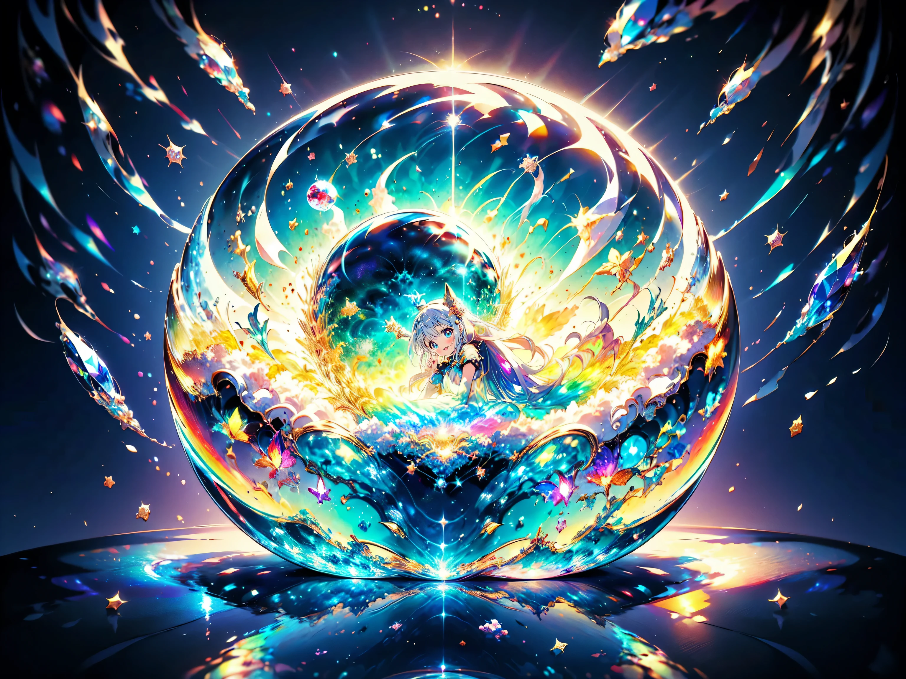 Mysterious world, Fantasy World, Strange World, trick, Large glass jar with lid, ((One Girl)), The girl is in a glass bottle, Holding my knees, sphere, Bubble, seabed, prism, Rainbow, Waterslide, Fantastic Background, crystal, sparkle, Sparkle, Reflection of light, Transparency, colorful, particle effect, caustics, (((ultra detailed))), (((ultra resolution))), (((best quality))), (anime moe art style:1.3), isometric 3D, Octane Rendering,Ray Tracing,