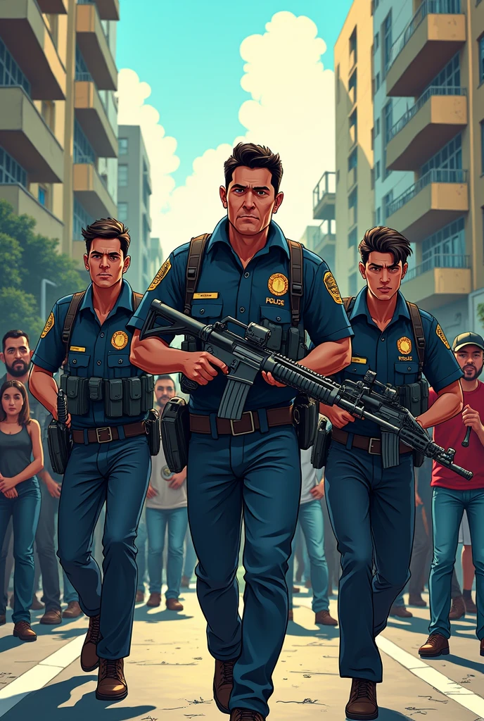 Create two muscular male police officers in the style of Japanese anime animation, One shorter and darker, the other taller and white. (Both without beards , SMOOTH FACE) Write on a flag next to the skull symbol of the BOPE (Elite squad): my time is now