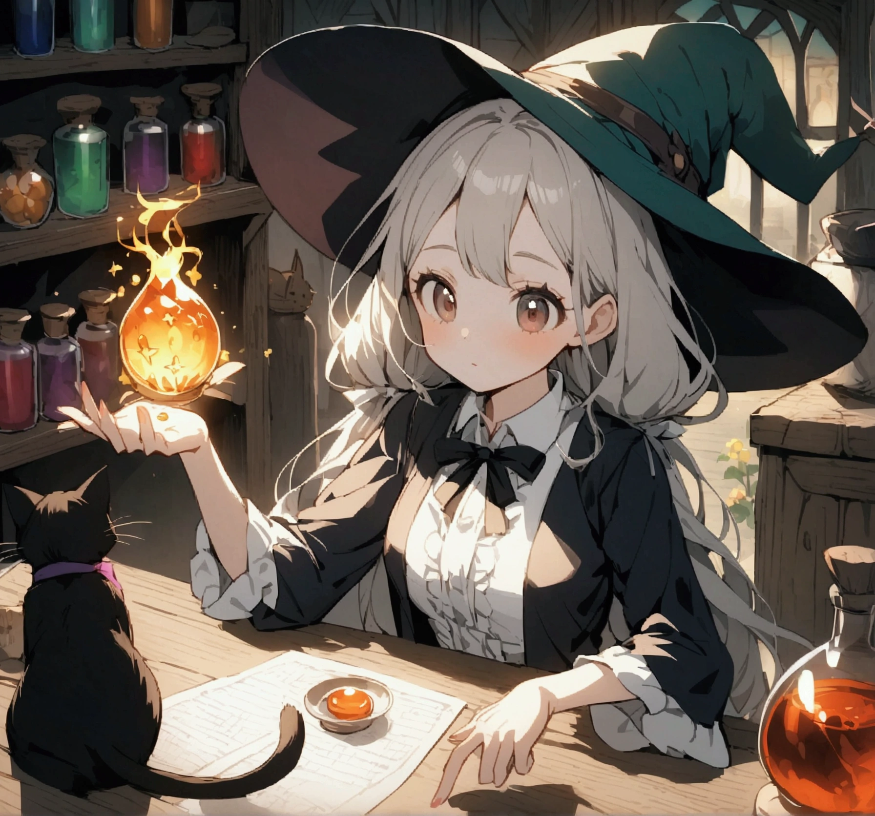 Anime girl in witch hat、Sitting at a table with a cat, Alchemist Girl, Frivolous anime witch casting a spell, Put a spell on the potion, She is making potions, Witch Academia, Make potions in the witch&#39;s hut, Young female wizard, Witch Girl, Making medicine, At the potion shop, Magic Potion, fantasy alchemist laboratory